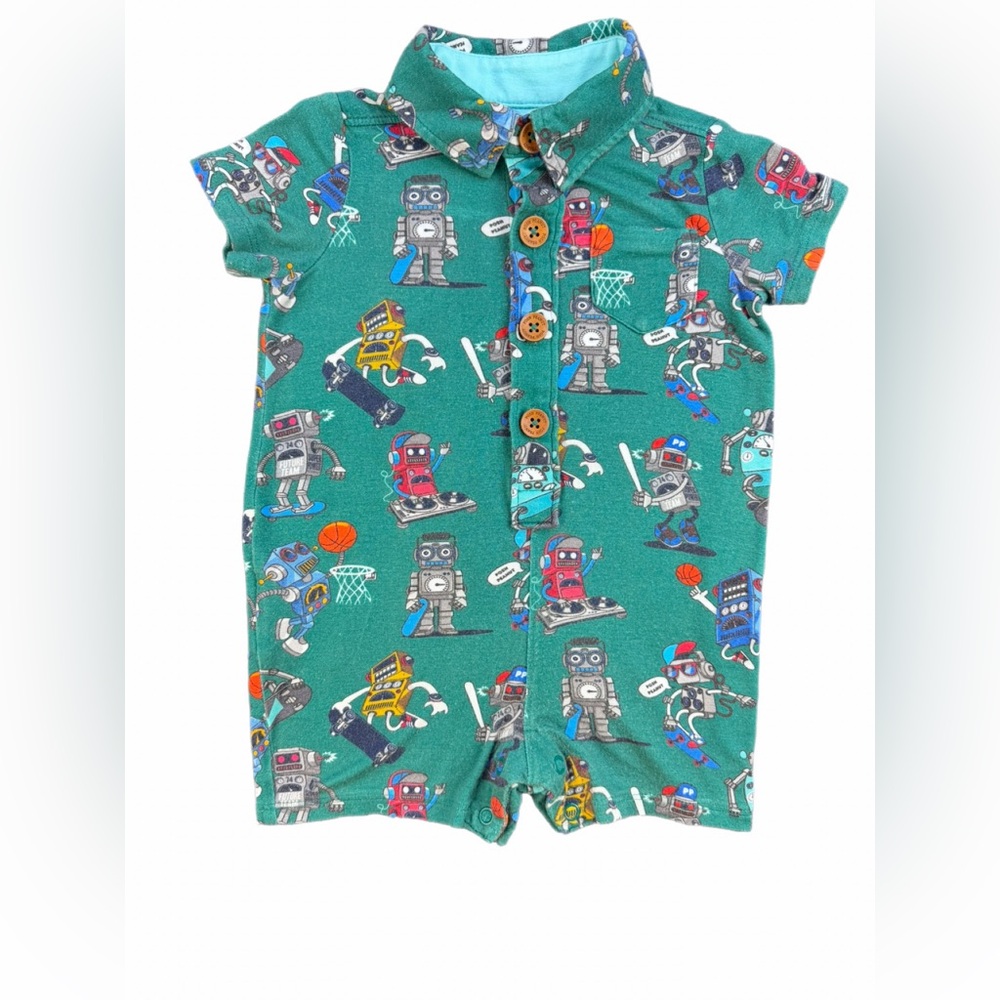 POSH PEANUT Baby Boy Short Sleeve Bamboo Robot Shortie Romper- 3-6M